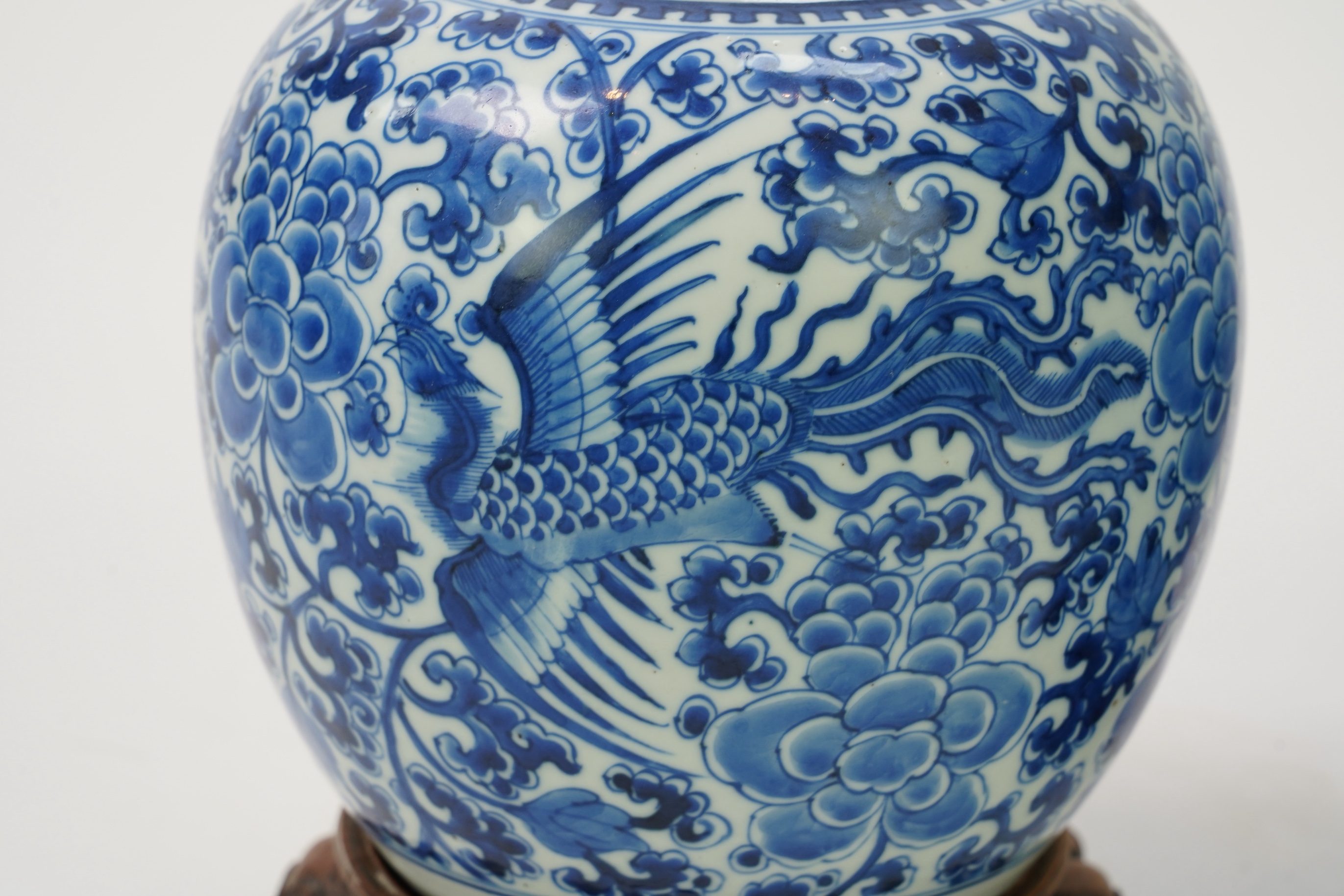 A pair of Chinese blue and white ‘phoenix’ jars, Kangxi period